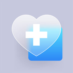 Glass medical icon of heart with cross. Health symbol glass morphism vector icon.