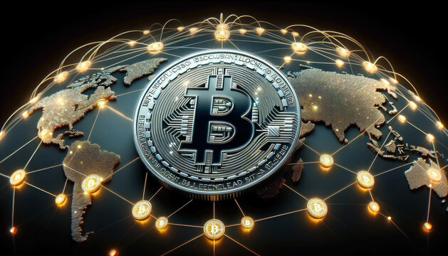 Bitcoin blockchain network around the world, global, digital currency, peer to peer, node concept, miner, cryptocurrency, decentralized finance, generative ai