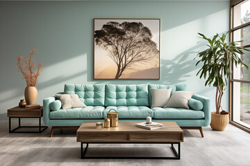 Embrace the freshness of a mint-colored sofa and coordinating table, enhancing the living space against an empty frame poised for your unique expression.