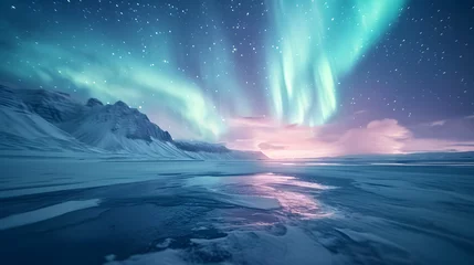 Fototapete Nordlichter A snowy landscape, with surreal neon auroras and pastel skies, during a mystical night, capturing the Psychic Waves mood of escapism and surrealism