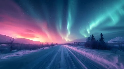 Selbstklebende Fototapeten A snowy landscape, with surreal neon auroras and pastel skies, during a mystical night, capturing the Psychic Waves mood of escapism and surrealism © VirtualCreatures