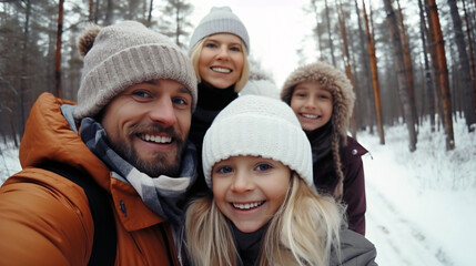 Fototapeta na wymiar Close up portrait of happy family taking selfie photo and smiling at camera while enjoying walk outdoors together in winter forest