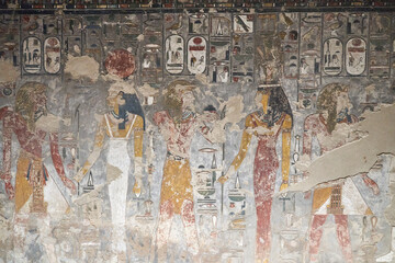 King Seti tomb at the Valley of Kings .Luxor . Egypt. Hieroglyphics in King Seti tomb.wall reliefs showing the Book of Gates in the Tomb of Seti I at Valley of Kings .Luxor . Egypt . - obrazy, fototapety, plakaty