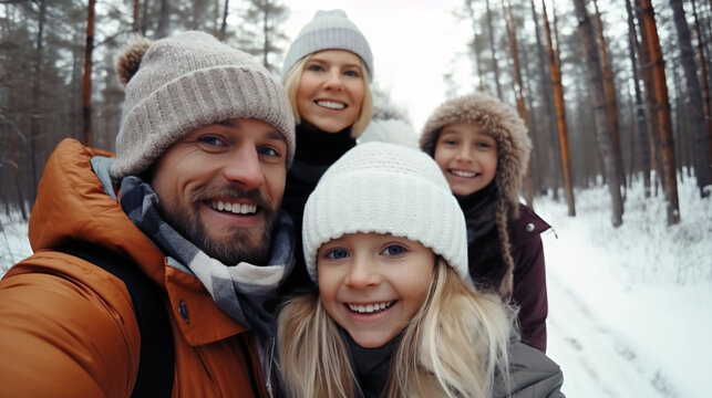 Close up portrait of happy family taking selfie photo and smiling at camera while enjoying walk outdoors together in winter forest