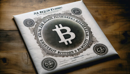 Bitcoin white paper in old fashioned style with bitcoin symbol stamped lac, peer to peer, digital currency, content or advertising, decentralized finance, generative ai