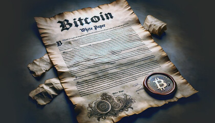 Bitcoin white paper in old fashioned style with bitcoin symbol stamped lac, peer to peer, digital currency, content or advertising, decentralized finance, generative ai - obrazy, fototapety, plakaty