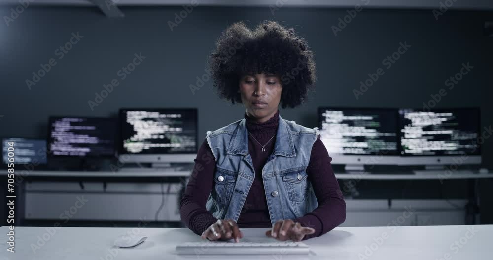 Leinwandbilder Woman, virtual reality and screen for programming, coding or software engineering in cybersecurity at night. VR developer or programmer hands with 3d or computer for digital development and metaverse
