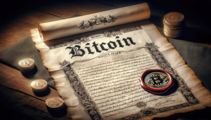 Bitcoin white paper in old fashioned style with bitcoin symbol stamped lac, peer to peer, digital currency, content or advertising, decentralized finance, generative ai