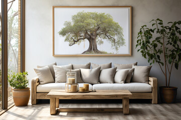 Envision a modern farmhouse living room adorned with a rustic sofa, complemented by a potted houseplant, against a warm beige wall featuring a framed poster. 