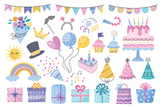 Birthday decorative elements. Different party objects, colorful holiday items, patterned wrapping paper, flowers, cake, garlands, vector set.eps