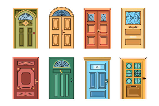 Colorful front doors. Different design and decor entrances, outside home gates, cartoon house elements, isolated detail doorways, vector set.eps