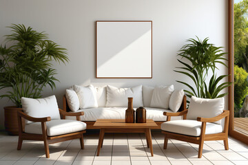 Envision a serene corner with two minimalist chairs and a table against a solid wall, enhanced by a blank empty white frame for your custom text.