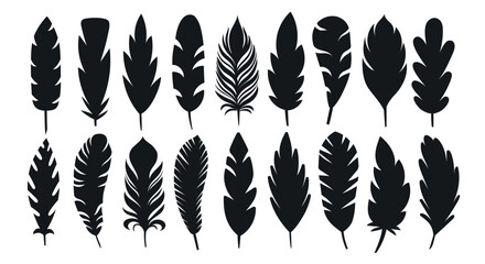 Feathers black silhouettes. Stylized natural elements, different shapes, logo symbols sketches, simple decorative objects, vector set.eps