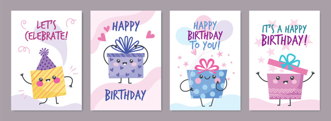 Happy birthday greeting cards. Funny gift boxes characters, holiday surprises with facesр legs and hands, cute smiling presents, vector set.eps