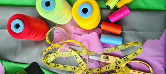 Handmade and sewing accessories and colorful fabrics