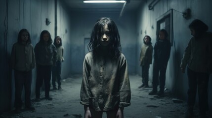 Little sad girl hidden or locked in the basement. Human trafficking and slavery concept. Human abuse. Child abusing. non-existent person generated by ai