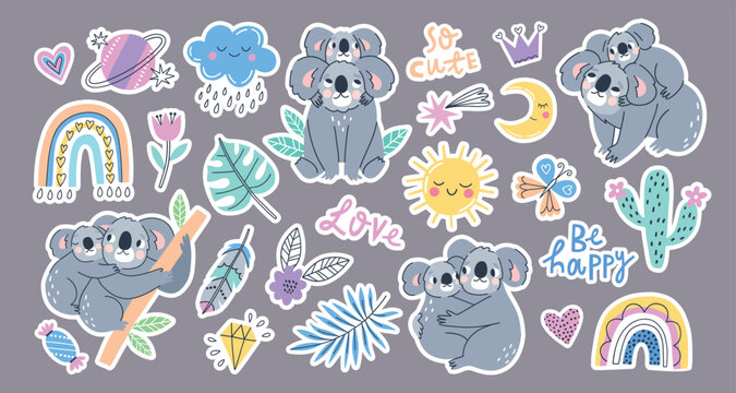 Funny koalas stickers. Cute australian animals, cartoon characters, exotic little bears, peace pozitive elements, jungle objects, vector set.eps