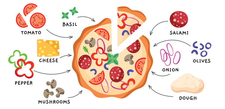 Italian pizza recipe. Different ingredients, tortilla made of dough with salami, cheese, tomatoes and olives, food elements, vector concept.eps