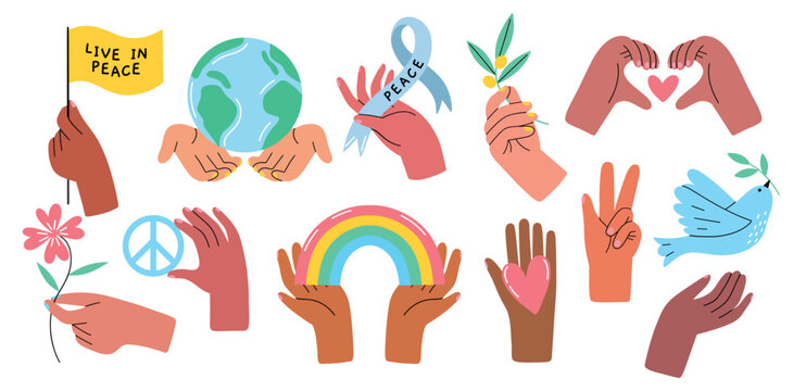 Human arms with signs. Peace and love symbols in hands, stop war concept, olive branch, rainbow and heart, cute stickers design, vector set.eps
