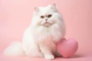 Portrait of a cute little domestic cat on a pink background with love hearts.