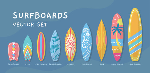 Different shapes colored surfboards. Decorative patterned boards, different types and lengths, sports, hobbies and recreation, vector set.eps