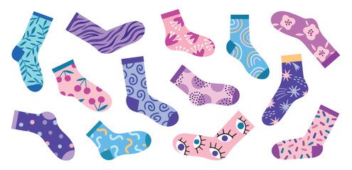Patterned trendy socks. Cotton footwears, modern designs, girly shades, colorful textile clothing elements, cartoon objects, vector set.eps