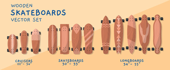 Wooden skateboards types. various shapes and lengths of boards, cartoon hobie objects, longboards decks with wheels top view, vector set.eps