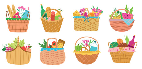 Wicker picnic baskets. panniers with different food, baguette, wine bottles, vegetables and fruits, romantic lunch in nature, vector set.eps