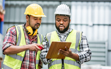 Two diverse professional male workers holding board, checking shipping stocks in storage, warehouse or factory for delivery, wearing safety hat. Diversity, Commercial Industry Business Concept.