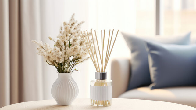 Aromatic reed air freshener and flowers on table