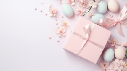 Easter delight: pastel greeting card mockup with eggs, ribbon, gift box, and decorations – top view