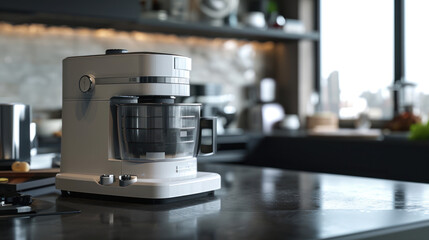 Fototapeta premium Modern food processor stands ready on sleek kitchen island.