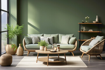 Experience the allure of a contemporary living room adorned with an Ellipse coffee table, a light green sofa, and wicker chairs set against a soothing green wall. 