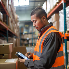 Worker in a logistics warehouse scanning packages.
