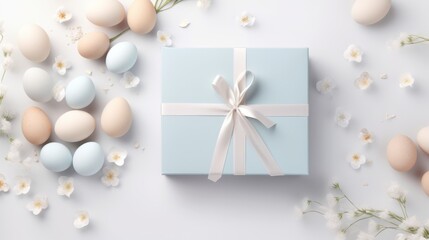 Fototapeta na wymiar Easter delight: pastel greeting card mockup with eggs, ribbon, gift box, and decorations – top view
