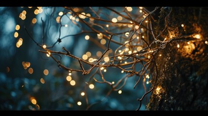 Enchanting fairy lights twinkle on a tree branch at dusk.