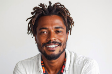 A bright and engaging studio portrait of a young Afro American rasta male model, showcasing a joyful smile , casual yet stylish attire