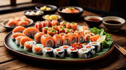 Japanese cuisine, a beautiful dish of sushi, sea fish rolls, shrimp, lobsters generated by AI