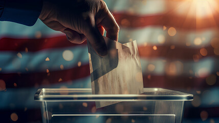 A hand placing a ballot into a sealed ballot box, US presidential election. - obrazy, fototapety, plakaty