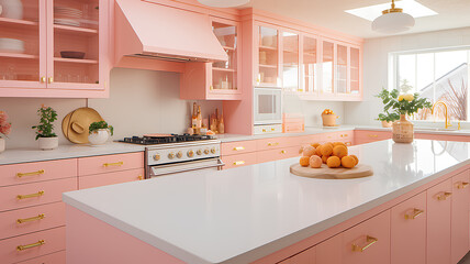 Fototapeta premium Modern kitchen interior. A luxury kitchen with in Peach Fuzz shade.