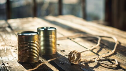 Childhood nostalgia evoked by tin cans and string telephone on rustic wood. - obrazy, fototapety, plakaty