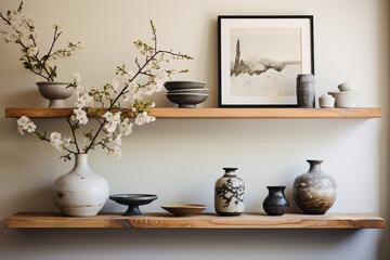 Fototapeta na wymiar Explore the elegance of a shelf that hosts a small yet endearing collection of cute items. Embrace the simplicity and visual appeal of this carefully curated arrangement in a cozy corner.