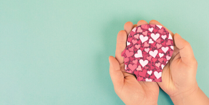 Mind with hearts, love, emotion and passion, self esteem and mental health care concept, positive thinking, creative brain
