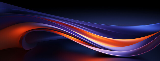 Colorful light waves and smooth abstract curves on a dark purple and light navy, luxurious fabric background. Windows wallpaper, banner.