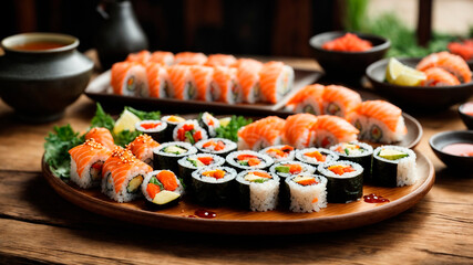 Japanese cuisine, beautiful sushi dish of tuna, seaweed, shrimp, lobster, sea fish, AI generated