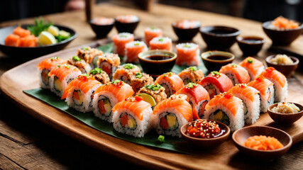 Japanese cuisine, beautiful sushi dish of shrimp, lobster, seaweed, sea fish, AI generated