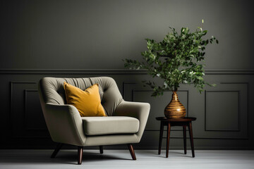 Find serenity in the simplicity of a dark color single sofa chair adorned with a charming little plant, against a minimalist solid wall featuring a blank empty frame for your creative touch.