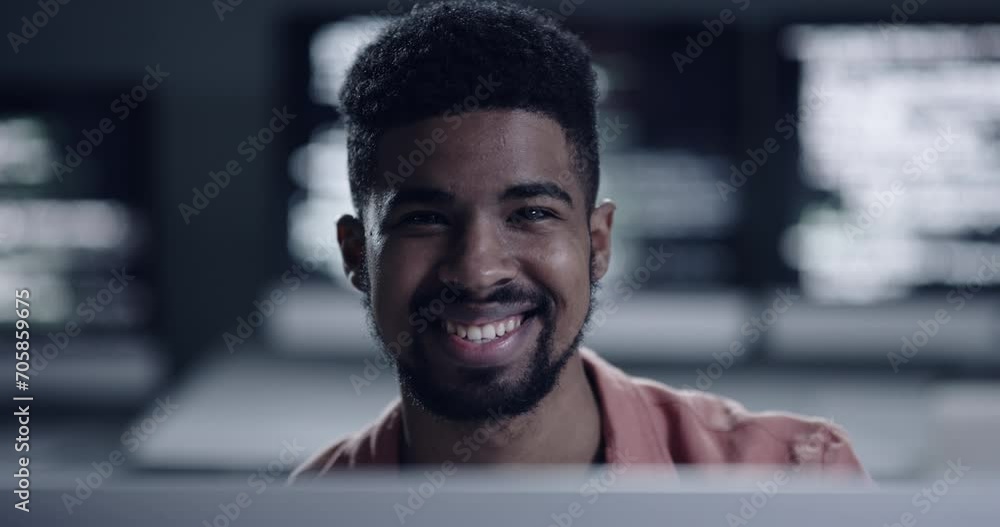 Aufkleber Business man, glasses and computer for programming, information technology or cybersecurity in office. Face of African programmer or software engineer with coding, online and data solution at night