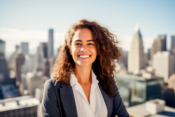 Fototapeta premium Portrait of young businesswoman on modern city background