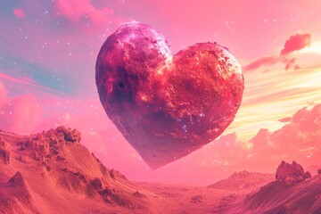 A heart-shaped planet with landscapes made of various shades of red and pink, vibrant pastel bright sky background